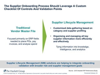 Procurement Advisory | 22© 2016 The Hackett Group, Inc. All rights reserved. Reproduction of this document or any portion thereof without prior written consent is prohibited.
The Supplier Onboarding Process Should Leverage A Custom
Checklist Of Controls And Validation Points
Source: 2015 Hackett P2P Performance Study
Traditional
Vendor Master File
Focused primarily on ERP fields
needed to place POs, pay
invoices, and analyse spend
Supplier Lifecycle Management
• Customised data gathering based on
category and supplier profiling
• Organising and managing all key
supplier information more efficiently
and effectively
Tying information into knowledge,
intelligence, and analytics
Supplier Lifecycle Management (SIM) solutions are helping to integrate onboarding
validation with broader risk and supplier management goals
 