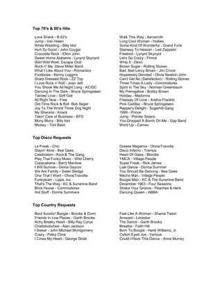 Top 70's & 80's Hits
Love Shack - B-52's
Jump - Van Halen
White Wedding - Billy Idol
Hurt So Good - John Cougar
Crocodile Rock - Elton John
Sweet Home Alabama - Lynyrd Skynyrd
Wild Wild West Escape Club
Rock n' Me Steve Miller Band
What I Like About You - Romantics
Footloose - Kenny Loggins
Sharp Dressed Rock - ZZ Top
I Love Rock n' Roll - Joan Jett
You Shook Me All Night Long - AC/DC
Dancing In The Dark - Bruce Springsteen
Tainted Love - Soft Cell
All Right Now - Free
Old Time Rock & Roll Bob Seger
Joy To The World Three Dog Night
My Sharona - Knack
Takin' Care of Business - BTO
Mony Mony - Billy Idol
Mickey - Toni Basil

Walk This Way - Aerosmith
Long Cool Woman - Hollies
Some Kind Of Wonderful - Grand Funk
Stairway To Heaven - Led Zeppelin
Freebird - Lynyrd Skynyrd
Let's Go Crazy - Prince
Whip It - Devo
Brown Sugar - Rolling Stones
Bad, Bad Leroy Brown - Jim Croce
Hopelessly Devoted - Olivia Newton John
Can't Get No (Satisfaction) - Rolling Stones
Three Times A Lady - Commodores
Spirit In The Sky - Norman Greenbaum
My Prerogative - Bobby Brown
Holiday - Madonna
Freeway Of Love - Aretha Franklin
Pink Cadillac - Bruce Springsteen
Rapper's Delight - Sugarhill Gang
1999 - Prince
Jump - Pointer Sisters
You Dropped A Bomb On Me - Gap Band
Word Up - Cameo

Top Disco Requests
Le Freak - Chic
Stayin' Alive - Bee Gees
Celebration - Kool & The Gang
Play That Funky Music - Wild Cherry
Copacabana - Barry Manilow
I Will Survive - Gloria Gaynor
We Are Family - Sister Sledge
One That I Want - Olivia/Travolta
Funkytown - Lipps, Inc.
That's The Way - KC & Sunshine Band
Brick House - Commodores
Hot Stuff - Donna Summers

Grease Megamix - Olivia/Travolta
Disco Inferno - Tramps
Heart Of Glass - Blondie
YMCA - Village People
Super Freak - Rick James
Last Dance - Donna Summer
You Should Be Dancing - Bee Gees
Macho Man - Village People
Boogie Man - KC & The Sunshine Band
December 1963 - Four Seasons
Shake Your Groove - Peaches & Herb
Dancing Queen - ABBA

Top Country Requests
Boot Scootin' Boogie - Brooks & Dunn
Friends In Low Places - Garth Brooks
Achy Breaky Heart - Billy Ray Cyrus
Chattahoochee - Alan Jackson
I Swear - John Michael Montgomery
Crazy - Patsy Cline
I Cross My Heart - George Strait

Feel Like A Woman - Shania Twain
Amazed - Lonestar
The Dance - Garth Brooks
Breathe - Faith Hill
Born To Boogie - Hank Williams, Jr.
Cotton Eyed Joe - Various
Could I Have This Dance - Anne Murray

 