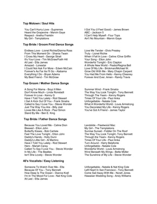 Top Motown / Soul Hits
You Can't Hurry Love - Supremes
Heard the Grapevine - Marvin Gaye
Respect - Aretha Franklin
My Girl - Temptations

I Got You (I Feel Good) - James Brown
ABC - Jackson 5
I Can't Help Myself - Four Tops
Ain't No Mountain - Marvin Gaye

Top Bride / Groom First Dance Songs
Endless Love - Lionel Richie/Dianna Ross
From This Moment On - Shania Twain
I Cross My Heart - George Strait
It's Your Love - Tim McGraw/Faith Hill
At Last - Etta James
Amazed - Lonestar
I Could Not Ask For More - Edwin McCain
Forever's As Far As I'll Go - Alabama
Everything I Do - Bryan Adams
My Best Friend - Tim McGraw

Love Me Tender - Elvis Presley
Truly - Lionel Richie
When I Fall In Love - Celine /Clive Griffin
Your Song - Elton John
Wonderful Tonight - Eric Clapton
A Whole New World - Peabo/Regina Bell
Love Of My Life - Brickman/Michael W.
Grow Old With Me - Mary Chapin Carpent
You Had Me From Hello - Kenny Chesney
Forever And Ever, Amen - Randy Travis

Top Groom / Mother Dance Songs
A Song For Mama - Boyz II Men
Don't Know Much - Linda Ronstadt
Forever In Love - Kenny G
Have I Told You Lately - Rod Stewart
I Get A Kick Out Of You - Frank Sinatra
Called to Say I Love You - Stevie Wonder
Just The Way You Are - Billy Joel
Loves Me Like A Rock - Paul Simon
Stand By Me - Ben E. King

Summer Wind - Frank Sinatra
The Way You Look Tonight - Tony Bennett
Through The Years - Kenny Rogers
Times Of Your Life - Paul Anka
Unforgettable - Natalie Cole
What A Wonderful World - Louis Armstrong
You Decorated My Life - Kenny Rogers
You've Got A Friend - James Taylor

Top Bride / Father Dance Songs
Because You Loved Me - Celine Dion
Blessed - Elton John
Butterfly Kisses - Bob Carlisle
Feel The Love Tonight - Elton John
Daddy's Hands - Holly Dunn
Daddy's Little Girl - Al Martino
Have I Told You Lately - Rod Stewart
Hero - Mariah Carey
Called To Say I Love You - Stevie Wonder
In My Life - The Beatles
Isn't She Lovely - Stevie Wonder

Landslide - Fleetwood Mac
My Girl - The Temptations
Sunrise Sunset - Fiddler On The Roof
The Way You Look Tonight -Tony Bennett
Through the Years - Kenny Rogers
Times Of Your Life - Paul Anka
Turn Around - Harry Belafonte
Unforgettable - Natalie Cole
Wonderful World - Louis Armstrong
Wind Beneath My Wings - Bette Midler
The Sunshine of My Life - Stevie Wonder

40's Vocalists / Easy Listening
Someone To Watch Over Me - Ella
Because Of You - Tony Bennett
How Deep Is The Ocean - Dianna Krall
I'm In The Mood For Love - Nat King Cole
At Last - Etta James

Unforgettable - Natalie & Nat King Cole
Left Heart In San Francisco - Tony Bennett
Come Sail Away With Me - Norah Jones
Hawaiian Wedding Song - Andy Williams

 