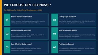 WHY CHOOSE DEV TECHNOSYS?
The #1 Choice for Patient Portal Development in 2026
01
Proven Healthcare Expertise
1,200+ successful healthcare projects across 50+ countries
with deep domain expertise in clinical workflows.
02
Cutting-Edge Tech Stack
React Native, Node.js, AWS, Azure, HL7 FHIR, Epic/Cerner APIs
— always leveraging the latest in healthtech.
03
Compliance-First Approach
Every solution is built with HIPAA, GDPR, HL7, and ICD-10
compliance baked in from day one.
04
Agile & On-Time Delivery
Sprint-based development with transparent milestone tracking
and dedicated project management.
05
Cost-Effective Global Model
Offshore development savings of up to 60% without
compromising on quality or support.
06
Post-Launch Support
24/7 maintenance, performance monitoring, security patches,
and continuous feature enhancement.
 
