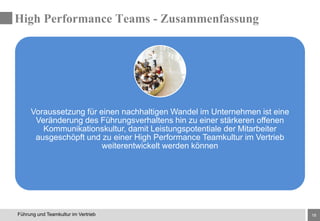 18Führung und Teamkultur im Vertrieb
Voraussetzung für einen nachhaltigen Wandel im Unternehmen ist eine
Veränderung des Führungsverhaltens hin zu einer stärkeren offenen
Kommunikationskultur, damit Leistungspotentiale der Mitarbeiter
ausgeschöpft und zu einer High Performance Teamkultur im Vertrieb
weiterentwickelt werden können
High Performance Teams - Zusammenfassung
 