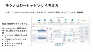 “テクノロジーセット”という考え方
一貫したアーキテクチャをベースに提供される、サービス部品、オープンソース、技術群
組込み機器がアラインすれば…
Technology Setで提供された
サービス群とそのまま連携可
能
• サービスとの接続と双方向通
信
• IoT関連サービスでのデータ
活用
• 業務システムとの連携
• セキュリティ
 