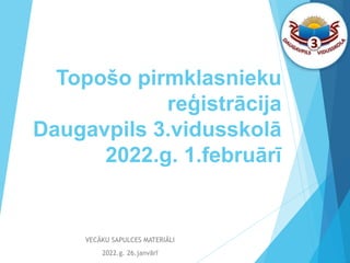 Topošo pirmklasnieku
reģistrācija
Daugavpils 3.vidusskolā
2022.g. 1.februārī
VECĀKU SAPULCES MATERIĀLI
2022.g. 26.janvārī
 