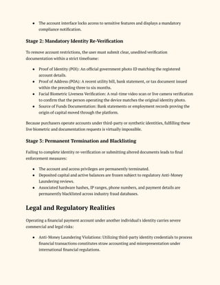 ●​ The account interface locks access to sensitive features and displays a mandatory
compliance notification.
Stage 2: Mandatory Identity Re-Verification
To remove account restrictions, the user must submit clear, unedited verification
documentation within a strict timeframe:
●​ Proof of Identity (POI): An official government photo ID matching the registered
account details.
●​ Proof of Address (POA): A recent utility bill, bank statement, or tax document issued
within the preceding three to six months.
●​ Facial Biometric Liveness Verification: A real-time video scan or live camera verification
to confirm that the person operating the device matches the original identity photo.
●​ Source of Funds Documentation: Bank statements or employment records proving the
origin of capital moved through the platform.
Because purchasers operate accounts under third-party or synthetic identities, fulfilling these
live biometric and documentation requests is virtually impossible.
Stage 3: Permanent Termination and Blacklisting
Failing to complete identity re-verification or submitting altered documents leads to final
enforcement measures:
●​ The account and access privileges are permanently terminated.
●​ Deposited capital and active balances are frozen subject to regulatory Anti-Money
Laundering reviews.
●​ Associated hardware hashes, IP ranges, phone numbers, and payment details are
permanently blacklisted across industry fraud databases.
Legal and Regulatory Realities
Operating a financial payment account under another individual's identity carries severe
commercial and legal risks:
●​ Anti-Money Laundering Violations: Utilizing third-party identity credentials to process
financial transactions constitutes straw accounting and misrepresentation under
international financial regulations.
 