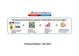Great Research           Great Discounts




                                    Great Research   Great Discounts



 We help you buy the best properties in Delhi NCR as per your budget !



                                                          Ranked the                      The details of the best
                              Studied the
We collected all project                                  properties as per
                              development of                                              properties are presented
details from the best                                     their growth
                              each of the projects                                        in this presentation
developers                                                potential




                           Prelaunch Report – Dec 2011
 