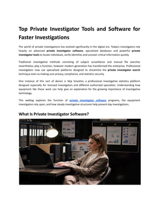 Investigating Tool Top Private Investigator Tools and Software for Faster Investigations | PDF