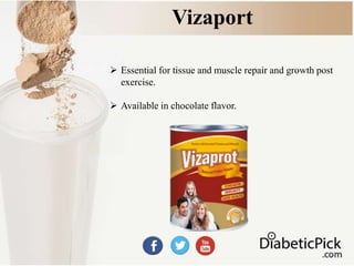 Vizaport
 Essential for tissue and muscle repair and growth post
exercise.
 Available in chocolate flavor.
 
