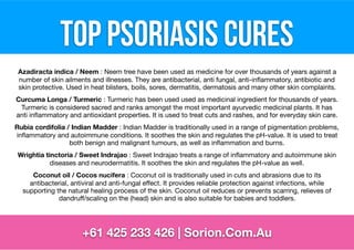 TOP Psoriasis CURES
+61 425 233 426 | Sorion.Com.Au
Azadiracta indica / Neem : Neem tree have been used as medicine for over thousands of years against a
number of skin ailments and illnesses. They are antibacterial, anti fungal, anti-inﬂammatory, antibiotic and
skin protective. Used in heat blisters, boils, sores, dermatitis, dermatosis and many other skin complaints.

Curcuma Longa / Turmeric : Turmeric has been used used as medicinal ingredient for thousands of years.
Turmeric is considered sacred and ranks amongst the most important ayurvedic medicinal plants. It has
anti inﬂammatory and antioxidant properties. It is used to treat cuts and rashes, and for everyday skin care.

Rubia cordifolia / Indian Madder : Indian Madder is traditionally used in a range of pigmentation problems,
inﬂammatory and autoimmune conditions. It soothes the skin and regulates the pH-value. It is used to treat
both benign and malignant tumours, as well as inﬂammation and burns.

Wrightia tinctoria / Sweet Indrajao : Sweet Indrajao treats a range of inﬂammatory and autoimmune skin
diseases and neurodermatitis. It soothes the skin and regulates the pH-value as well. 

Coconut oil / Cocos nucifera : Coconut oil is traditionally used in cuts and abrasions due to its
antibacterial, antiviral and anti-fungal eﬀect. It provides reliable protection against infections, while
supporting the natural healing process of the skin. Coconut oil reduces or prevents scarring, relieves of
dandruﬀ/scaling on the (head) skin and is also suitable for babies and toddlers.
 