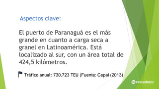Aspectos clave:
El puerto de Paranaguá es el más
grande en cuanto a carga seca a
granel en Latinoamérica. Está
localizado al sur, con un área total de
424,5 kilómetros.
Tráfico anual: 730,723 TEU (Fuente: Cepal (2013)
 