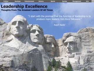 Leadership Excellence Thoughts From The Greatest Leaders Of All Times   Politics Business Entertainment Science Sports Society “ I start with the premise that the function of leadership is to produce more leaders, not more followers.”  Ralph Nader Management Arts FICCI CE 