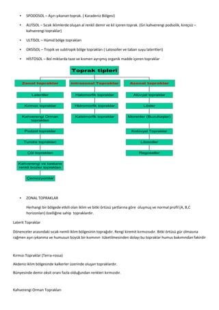 • SPODOSOL – Aşırı yıkanan toprak. ( Karadeniz Bölgesi)
• ALFİSOL – Sıcak iklimlerde oluşan al renkli demir ve kil içeren toprak. (Gri kahverengi podsolik, kireçsiz –
kahverengi topraklar)
• ULTİSOL – Hümid bölge toprakları
• OKSİSOL – Tropik ve subtropik bölge toprakları ( Latosoller ve taban suyu lateritleri)
• HİSTOSOL – Bol miktarda taze ve kısmen ayrışmış organik madde içeren topraklar
• ZONAL TOPRAKLAR
Herhangi bir bölgede etkili olan iklim ve bitki örtüsü şartlarına göre oluşmuş ve normal profil (A, B,C
horizonları) özelliğine sahip topraklardır.
Laterit Topraklar
Dönenceler arasındaki sıcak-nemli iklim bölgesinin toprağıdır. Rengi kiremit kırmızısıdır. Bitki örtüsü gür olmasına
rağmen aşırı yıkanma ve humusun büyük bir kısmının tüketilmesinden dolayı bu topraklar humus bakımından fakirdir
Kırmızı Topraklar (Terra-rossa)
Akdeniz iklim bölgesinde kalkerler üzerinde oluşan topraklardır.
Bünyesinde demir oksit oranı fazla olduğundan renkleri kırmızıdır.
Kahverengi Orman Toprakları
Çernozyomlar
Kahverengi ve kestane
renkli bozkır toprakları
Çöl toprakları
Tundra toprakları
Podzol topraklar
Kahverengi Orman
toprakları
Kırmızı topraklar
Lateritler
Zonal topraklar
Kalsimorfik topraklar
Hidromorfik topraklar
Halomorfik topraklar
intrazonal Topraklar
Regoseller
Litosoller
Kolüvyal Topraklar
Morenler (Buzultaşlar)
Lösler
Alüvyal topraklar
Azonal topraklar
Toprak tipleri
 