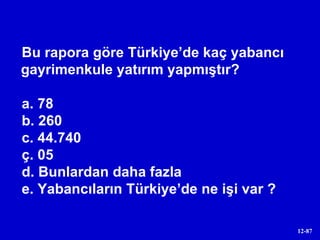 Bu rapora göre Türkiye’de kaç yabancı gayrimenkule yatırım yapmıştır? a. 78 b. 260 c. 44.740 ç. 05 d. Bunlardan daha fazla e. Yabancıların Türkiye’de ne işi var ? 