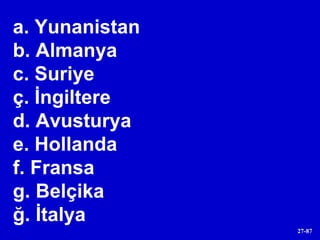 a. Yunanistan b. Almanya c. Suriye ç. İngiltere d. Avusturya e. Hollanda f. Fransa g. Belçika ğ. İtalya 