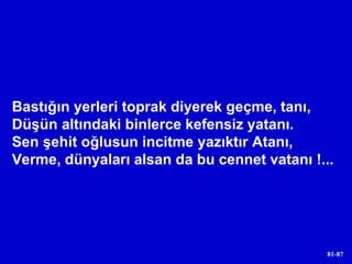 Bastığın yerleri toprak diyerek geçme, tanı, Düşün altındaki binlerce kefensiz yatanı. Sen şehit oğlusun incitme yazıktır Atanı, Verme, dünyaları alsan da bu cennet vatanı !... 
