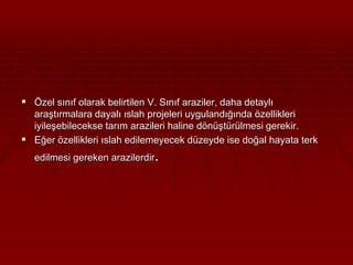  Özel sınıf olarak belirtilen V. Sınıf araziler, daha detaylı 
araştırmalara dayalı ıslah projeleri uygulandığında özellikleri 
iyileşebilecekse tarım arazileri haline dönüştürülmesi gerekir. 
 Eğer özellikleri ıslah edilemeyecek düzeyde ise doğal hayata terk 
edilmesi gereken arazilerdir. 
 