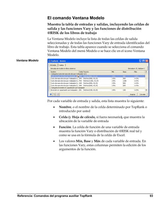 El comando Ventana Modelo
                    Muestra la tabla de entradas y salidas, incluyendo las celdas de
                    salida y las funciones Vary y las funciones de distribución
                    @RISK de los libros de trabajo
                    La Ventana Modelo incluye la lista de todas las celdas de salida
                    seleccionadas y de todas las funciones Vary de entrada identificadas del
                    libro de trabajo. Esta tabla aparece cuando se selecciona el comando
                    Ventana Modelo del menú Modelo o se hace clic en el icono Ventana
                    Modelo.
Ventana Modelo




                    Por cada variable de entrada y salida, esta lista muestra lo siguiente:
                        •   Nombre, o el nombre de la celda determinado por TopRank o
                            introducido por usted
                        •   Celda (y Hoja de cálculo, si fuera necesario), que muestra la
                            ubicación de la variable de entrada
                        •   Función. La celda de función de una variable de entrada
                            muestra la función Vary o distribución de @RISK real tal y
                            como se usa en la fórmula de la celda de Excel.
                        •   Los valores Mín, Base y Máx de cada variable de entrada. En
                            las funciones Vary, estas columnas permiten la edición de los
                            argumentos de la función.




Referencia: Comandos del programa auxiliar TopRank                                             93
 
