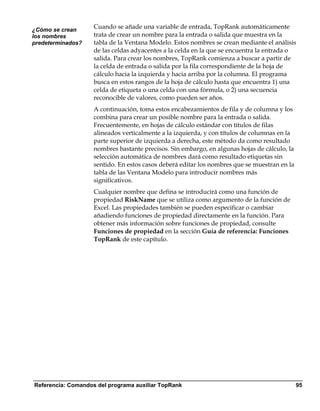 ¿Cómo se crean
                    Cuando se añade una variable de entrada, TopRank automáticamente
los nombres         trata de crear un nombre para la entrada o salida que muestra en la
predeterminados?    tabla de la Ventana Modelo. Estos nombres se crean mediante el análisis
                    de las celdas adyacentes a la celda en la que se encuentra la entrada o
                    salida. Para crear los nombres, TopRank comienza a buscar a partir de
                    la celda de entrada o salida por la fila correspondiente de la hoja de
                    cálculo hacia la izquierda y hacia arriba por la columna. El programa
                    busca en estos rangos de la hoja de cálculo hasta que encuentra 1) una
                    celda de etiqueta o una celda con una fórmula, o 2) una secuencia
                    reconocible de valores, como pueden ser años.
                    A continuación, toma estos encabezamientos de fila y de columna y los
                    combina para crear un posible nombre para la entrada o salida.
                    Frecuentemente, en hojas de cálculo estándar con títulos de filas
                    alineados verticalmente a la izquierda, y con títulos de columnas en la
                    parte superior de izquierda a derecha, este método da como resultado
                    nombres bastante precisos. Sin embargo, en algunas hojas de cálculo, la
                    selección automática de nombres dará como resultado etiquetas sin
                    sentido. En estos casos deberá editar los nombres que se muestran en la
                    tabla de las Ventana Modelo para introducir nombres más
                    significativos.
                    Cualquier nombre que defina se introducirá como una función de
                    propiedad RiskName que se utiliza como argumento de la función de
                    Excel. Las propiedades también se pueden especificar o cambiar
                    añadiendo funciones de propiedad directamente en la función. Para
                    obtener más información sobre funciones de propiedad, consulte
                    Funciones de propiedad en la sección Guía de referencia: Funciones
                    TopRank de este capítulo.




Referencia: Comandos del programa auxiliar TopRank                                            95
 