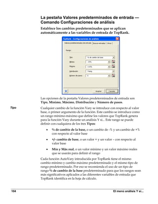 La pestaña Valores predeterminados de entrada —
       Comando Configuraciones de análisis
       Establece los cambios predeterminados que se aplican
       automáticamente a las variables de entrada de TopRank.




       Las opciones de la pestaña Valores predeterminados de entrada son
       Tipo, Mínimo, Máximo, Distribución y Número de pasos.
Tipo   Cualquier cambio de la función Vary se introduce con respecto al valor
       base, o primer argumento de la función. Este cambio se introduce como
       un rango mínimo-máximo que define los valores que TopRank genera
       para la función Vary durante un análisis Y si... Este rango se puede
       definir con cualquiera de los tres Tipos:
          •   % de cambio de la base, o un cambio de -% y un cambio de +%
              con respecto al valor base
          •   +/- cambio de base, o un valor + y un valor – con respecto al
              valor base
          •   Mín y Máx real, o un valor mínimo y un valor máximo reales
              que se usarán para definir el rango
       Cada función AutoVary introducida por TopRank tiene el mismo
       cambio mínimo y cambio máximo predeterminado y el mismo tipo de
       rango predeterminado. Por eso se recomienda el uso de un tipo de
       rango % de cambio de la base predeterminado para que los rangos sean
       más significativos aplicados a las diferentes variables de entrada que
       TopRank identifica en la hoja de cálculo.



104                                                       El menú análisis Y si...
 