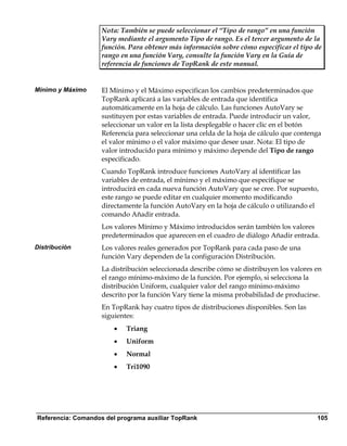 Nota: También se puede seleccionar el “Tipo de rango” en una función
                    Vary mediante el argumento Tipo de rango. Es el tercer argumento de la
                    función. Para obtener más información sobre cómo especificar el tipo de
                    rango en una función Vary, consulte la función Vary en la Guía de
                    referencia de funciones de TopRank de este manual.


Mínimo y Máximo     El Mínimo y el Máximo especifican los cambios predeterminados que
                    TopRank aplicará a las variables de entrada que identifica
                    automáticamente en la hoja de cálculo. Las funciones AutoVary se
                    sustituyen por estas variables de entrada. Puede introducir un valor,
                    seleccionar un valor en la lista desplegable o hacer clic en el botón
                    Referencia para seleccionar una celda de la hoja de cálculo que contenga
                    el valor mínimo o el valor máximo que desee usar. Nota: El tipo de
                    valor introducido para mínimo y máximo depende del Tipo de rango
                    especificado.
                    Cuando TopRank introduce funciones AutoVary al identificar las
                    variables de entrada, el mínimo y el máximo que especifique se
                    introducirá en cada nueva función AutoVary que se cree. Por supuesto,
                    este rango se puede editar en cualquier momento modificando
                    directamente la función AutoVary en la hoja de cálculo o utilizando el
                    comando Añadir entrada.
                    Los valores Mínimo y Máximo introducidos serán también los valores
                    predeterminados que aparecen en el cuadro de diálogo Añadir entrada.
Distribución        Los valores reales generados por TopRank para cada paso de una
                    función Vary dependen de la configuración Distribución.
                    La distribución seleccionada describe cómo se distribuyen los valores en
                    el rango mínimo-máximo de la función. Por ejemplo, si selecciona la
                    distribución Uniform, cualquier valor del rango mínimo-máximo
                    descrito por la función Vary tiene la misma probabilidad de producirse.
                    En TopRank hay cuatro tipos de distribuciones disponibles. Son las
                    siguientes:
                        •   Triang
                        •   Uniform
                        •   Normal
                        •   Tri1090




Referencia: Comandos del programa auxiliar TopRank                                        105
 