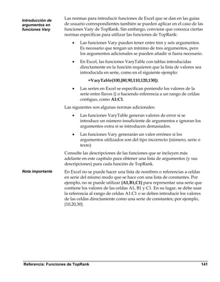 Introducción de
                   Las normas para introducir funciones de Excel que se dan en las guías
argumentos en      de usuario correspondientes también se pueden aplicar en el caso de las
funciones Vary     funciones Vary de TopRank. Sin embargo, conviene que conozca ciertas
                   normas específicas para utilizar las funciones de TopRank:
                       •   Las funciones Vary pueden tener entre tres y seis argumentos.
                           Es necesario que tengan un mínimo de tres argumentos, pero
                           los argumentos adicionales se pueden añadir si fuera necesario.
                       •   En Excel, las funciones VaryTable con tablas introducidas
                           directamente en la función requieren que la lista de valores sea
                           introducida en serie, como en el siguiente ejemplo:
                               =VaryTable(100,{80,90,110,120,130}).
                       •   Las series en Excel se especifican poniendo los valores de la
                           serie entre llaves {} o haciendo referencia a un rango de celdas
                           contiguo, como A1:C1.
                   Las siguientes son algunas normas adicionales:
                       •   Las funciones VaryTable generan valores de error si se
                           introduce un número insuficiente de argumentos e ignoran los
                           argumentos extra si se introducen demasiados.
                       •   Las funciones Vary generarán un valor erróneo si los
                           argumentos utilizados son del tipo incorrecto (número, serie o
                           texto)
                   Consulte las descripciones de las funciones que se incluyen más
                   adelante en este capítulo para obtener una lista de argumentos (y sus
                   descripciones) para cada función de TopRank.
Nota importante    En Excel no se puede hacer una lista de nombres o referencias a celdas
                   en serie del mismo modo que se hace con una lista de constantes. Por
                   ejemplo, no se puede utilizar {A1,B1,C1} para representar una serie que
                   contiene los valores de las celdas A1, B1 y C1. En su lugar, se debe usar
                   la referencia al rango de celdas A1:C1 o se deben introducir los valores
                   de las celdas directamente como una serie de constantes; por ejemplo,
                   {10,20,30}.




Referencia: Funciones de TopRank                                                              141
 