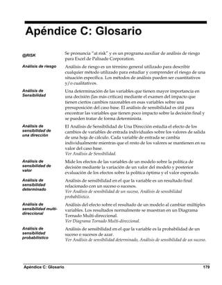 Apéndice C: Glosario
@RISK
                       Se pronuncia “at risk” y es un programa auxiliar de análisis de riesgo
                       para Excel de Palisade Corporation.
Análisis de riesgo     Análisis de riesgo es un término general utilizado para describir
                       cualquier método utilizado para estudiar y comprender el riesgo de una
                       situación específica. Los métodos de análisis pueden ser cuantitativos
                       y/o cualitativos.
Análisis de            Una determinación de las variables que tienen mayor importancia en
Sensibilidad           una decisión (las más críticas) mediante el examen del impacto que
                       tienen ciertos cambios razonables en esas variables sobre una
                       presuposición del caso base. El análisis de sensibilidad es útil para
                       encontrar las variables que tienen poco impacto sobre la decisión final y
                       se pueden tratar de forma determinista.
Análisis de            El Análisis de Sensibilidad de Una Dirección estudia el efecto de los
sensibilidad de        cambios de variables de entrada individuales sobre los valores de salida
una dirección
                       de una hoja de cálculo. Cada variable de entrada se cambia
                       individualmente mientras que el resto de los valores se mantienen en su
                       valor del caso base.
                       Ver Análisis de Sensibilidad.
Análisis de            Mide los efectos de las variables de un modelo sobre la política de
sensibilidad de        decisión mediante la variación de un valor del modelo y posterior
valor
                       evaluación de los efectos sobre la política óptima y el valor esperado.
Análisis de            Análisis de sensibilidad en el que la variable es un resultado final
sensibilidad           relacionado con un suceso o sucesos.
determinado
                       Ver Análisis de sensibilidad de un suceso, Análisis de sensibilidad
                       probabilístico.
Análisis de            Análisis del efecto sobre el resultado de un modelo al cambiar múltiples
sensibilidad multi-    variables. Los resultados normalmente se muestran en un Diagrama
direccional
                       Tornado Multi-direccional.
                       Ver Diagrama Tornado Multi-direccional.
Análisis de            Análisis de sensibilidad en el que la variable es la probabilidad de un
sensibilidad           suceso o sucesos de azar.
probabilístico
                       Ver Análisis de sensibilidad determinado, Análisis de sensibilidad de un suceso.




Apéndice C: Glosario                                                                                 179
 