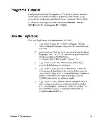 Programa Tutorial
                    En el programa tutorial, los expertos de TopRank le guían a través de
                    los modelos de ejemplo en formato de película. Este tutorial es una
                    presentación multimedia sobre las funciones principales de TopRank.
                    El tutorial se puede ejecutar seleccionando el comando Tutorial
                    introductorio del menú Ayuda de TopRank.




Uso de TopRank
                    Para usar TopRank en una sesión normal de Excel:
                           1)   Haga clic en el icono de TopRank en el grupo Palisade
                                DecisionTools del submenú Programas del menú Inicio de
                                Windows
                           2)   Use el comando Abrir de Excel para abrir la hoja de cálculo
                                de ejemplo FACTORÍA.XLS. La ubicación predeterminada
                                para los ejemplos es C:PROGRAM
                                FILESPALISADETOPRANK5EXAMPLES.
                           3)   Haga clic en el icono Añadir Funciones AutoVary, el
                                segundo de la barra de herramientas.
                           4)   Haga clic en el icono de Ventana Modelo de la barra de
                                herramientas de TopRank (el de la barra de herramientas
                                con una flecha roja y azul). Aparecerá la lista de la Ventana
                                Modelo con las funciones Vary de la hoja de cálculo
                                FACTORÍA junto con las celdas de salida.
                           5)   Haga clic en el icono Ejecutar Análisis de Suposición Y Si...
                                (el del gráfico tornado rojo). Acaba de iniciar un análisis
                                Y si... para la hoja de cálculo FACTORÍA. El análisis Y si...
                                está en marcha. Cuando se complete, aparecerán los
                                resultados del análisis Y si...




Capítulo 1: Para empezar                                                                        15
 