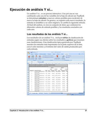 Ejecución de análisis Y si...
                       Un análisis Y si... es un proceso interactivo. Una por una se van
                       cambiando cada una de las variables de la hoja de cálculo (en TopRank
                       se denominan entradas) a nuevos valores posibles para recalcular de
                       nuevo la hoja de cálculo. Se genera y se registra cada nuevo resultado, la
                       entrada se restablece a su valor original y se cambia la siguiente entrada.
                       Al final del análisis, se crea un conjunto de datos que contienen los
                       diferentes valores de entrada posibles y los resultados asociados con
                       cada uno.

                       Los resultados de los análisis Y si...
                       Los resultados de un análisis Y si... incluyen tablas de clasificación de
                       entradas según sus efectos sobre los resultados y gráficos que resumen
                       esas clasificaciones. Una clasificación típica generada por TopRank
                       muestra las entradas más importantes en la parte superior de la lista,
                       con el valor máximo y el mínimo del valor de salida producidos por
                       cada entrada.




Capítulo 2: Introducción a los análisis Y si...                                                    21
 