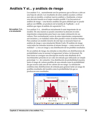 Análisis Y si... y análisis de riesgo
                       Los análisis Y si... normalmente son los primeros que se llevan a cabo en
                       una hoja de cálculo. Los resultados de estos análisis ayudan a refinar
                       aun más un modelo, a realizar nuevos análisis y, finalmente, a tomar
                       una decisión basada en el mejor modelo posible. Con frecuencia el
                       análisis de riesgo —una técnica analítica de gran utilidad que se puede
                       aplicar con @RISK, un producto de la familia de TopRank— es el
                       análisis que sigue al análisis de suposición Y si...
Del análisis Y si...   Los análisis Y si... identifican inicialmente lo más importante de un
a la simulación        modelo. De esta manera se puede concentrar la atención en estos
                       importantes componentes para hacer una mejor estimación de sus
                       valores. Pero normalmente varios de estos importantes componentes
                       son inciertos y, en realidad, todos ellos pueden variar al mismo tiempo.
                       Para analizar un modelo incierto de este tipo es necesario hacer un
                       análisis de riesgo o una simulación Monte Carlo. El análisis de riesgo
                       varía todas las entradas inciertas al mismo tiempo —como ocurre en la
                       realidad— y crea un rango y una distribución de los posibles resultados.
                       En un análisis de riesgo, las entradas se describen con distribuciones de
                       probabilidad como la normal, la lognormal, la beta o la binomial. De
                       esta forma se consigue una descripción mucho más detallada de la
                       incertidumbre presente en un valor de entrada que utilizando un simple
                       porcentaje + o - de variación. Una distribución de probabilidad muestra
                       tanto el rango de valores posibles de una entrada como la probabilidad
                       de que ocurra cada uno de los valores de ese rango. La simulación
                       combina estas distribuciones de entrada para generar tanto un rango de
                       posibles resultados del modelo como la probabilidad de que se
                       produzcan esos resultados.




Capítulo 2: Introducción a los análisis Y si...                                                29
 