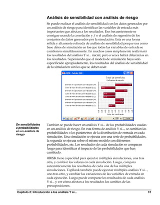 Análisis de sensibilidad con análisis de riesgo
                       Se puede realizar el análisis de sensibilidad con los datos generados por
                       un análisis de riesgo para identificar las variables de entrada más
                       importantes que afectan a los resultados. Eso frecuentemente se
                       consigue usando la correlación y / o el análisis de regresión de los
                       conjuntos de datos generados por la simulación. Esta es una forma
                       sólida y altamente refinada de análisis de sensibilidad porque usa como
                       base datos de simulación en los que todas las variables de entrada se
                       cambiaron simultáneamente. En muchos casos simplemente reafirmará
                       los resultados del análisis Y si... inicial, pero a veces habrá diferencias en
                       los resultados. Suponiendo que el modelo de simulación haya sido
                       especificado apropiadamente, los resultados del análisis de sensibilidad
                       de la simulación son los que se deben usar.




De sensibilidades      También se puede hacer un análisis Y si... de las probabilidades usadas
a probabilidades       en un análisis de riesgo. En esta forma de análisis Y si..., se cambian las
en un análisis de
riesgo
                       probabilidades o los parámetros de la distribución de entrada en cada
                       simulación. Una simulación se ejecuta con una serie de probabilidades,
                       la segunda se ejecuta sobre el mismo modelo con diferentes
                       probabilidades, etc. Los resultados de cada simulación se comparan
                       luego para identificar el impacto de las probabilidades que han
                       cambiado.
                       @RISK tiene capacidad para ejecutar múltiples simulaciones, una tras
                       otra, y cambiar los valores en cada simulación. Luego, compara
                       automáticamente los resultados de cada una de las múltiples
                       simulaciones. TopRank también puede ejecutar múltiples análisis Y si...,
                       uno tras otro, y cambiar las variaciones de las variables de entrada en
                       cada ejecución. Luego puede comparar los resultados de cada análisis
                       Y si... y ver cómo afectan a los resultados los cambios de las
                       presuposiciones.
Capítulo 2: Introducción a los análisis Y si...                                                      31
 