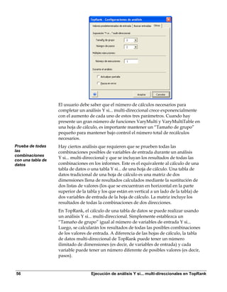 El usuario debe saber que el número de cálculos necesarios para
                   completar un análisis Y si... multi-direccional crece exponencialmente
                   con el aumento de cada uno de estos tres parámetros. Cuando hay
                   presente un gran número de funciones VaryMulti y VaryMultiTable en
                   una hoja de cálculo, es importante mantener un “Tamaño de grupo”
                   pequeño para mantener bajo control el número total de recálculos
                   necesarios.
Prueba de todas    Hay ciertos análisis que requieren que se prueben todas las
las                combinaciones posibles de variables de entrada durante un análisis
combinaciones
con una tabla de
                   Y si... multi-direccional y que se incluyan los resultados de todas las
datos              combinaciones en los informes. Este es el equivalente al cálculo de una
                   tabla de datos o una tabla Y si... de una hoja de cálculo. Una tabla de
                   datos tradicional de una hoja de cálculo es una matriz de dos
                   dimensiones llena de resultados calculados mediante la sustitución de
                   dos listas de valores (los que se encuentran en horizontal en la parte
                   superior de la tabla y los que están en vertical a un lado de la tabla) de
                   dos variables de entrada de la hoja de cálculo. La matriz incluye los
                   resultados de todas la combinaciones de dos direcciones.
                   En TopRank, el cálculo de una tabla de datos se puede realizar usando
                   un análisis Y si... multi-direccional. Simplemente establezca un
                   “Tamaño de grupo” igual al número de variables de entrada Y si...
                   Luego, se calcularán los resultados de todas las posibles combinaciones
                   de los valores de entrada. A diferencia de las hojas de cálculo, la tabla
                   de datos multi-direccional de TopRank puede tener un número
                   ilimitado de dimensiones (es decir, de variables de entrada) y cada
                   variable puede tener un número diferente de posibles valores (es decir,
                   pasos).


56                                  Ejecución de análisis Y si... multi-direccionales en TopRank
 