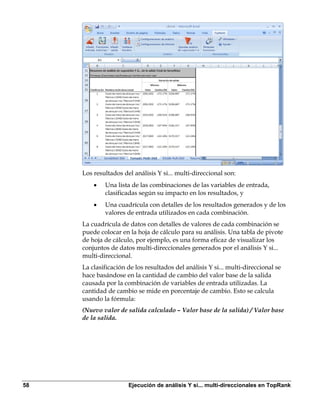 Los resultados del análisis Y si... multi-direccional son:
         •   Una lista de las combinaciones de las variables de entrada,
             clasificadas según su impacto en los resultados, y
         •   Una cuadrícula con detalles de los resultados generados y de los
             valores de entrada utilizados en cada combinación.
     La cuadrícula de datos con detalles de valores de cada combinación se
     puede colocar en la hoja de cálculo para su análisis. Una tabla de pivote
     de hoja de cálculo, por ejemplo, es una forma eficaz de visualizar los
     conjuntos de datos multi-direccionales generados por el análisis Y si...
     multi-direccional.
     La clasificación de los resultados del análisis Y si... multi-direccional se
     hace basándose en la cantidad de cambio del valor base de la salida
     causada por la combinación de variables de entrada utilizadas. La
     cantidad de cambio se mide en porcentaje de cambio. Esto se calcula
     usando la fórmula:
     (Nuevo valor de salida calculado – Valor base de la salida) / Valor base
     de la salida.




58                    Ejecución de análisis Y si... multi-direccionales en TopRank
 