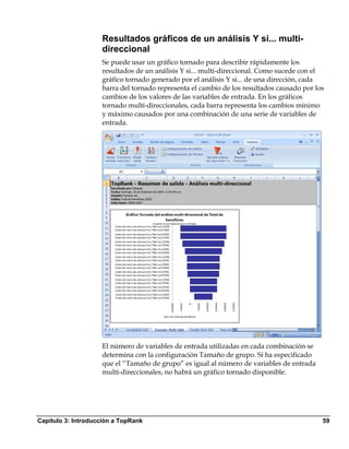 Resultados gráficos de un análisis Y si... multi-
                    direccional
                    Se puede usar un gráfico tornado para describir rápidamente los
                    resultados de un análisis Y si... multi-direccional. Como sucede con el
                    gráfico tornado generado por el análisis Y si... de una dirección, cada
                    barra del tornado representa el cambio de los resultados causado por los
                    cambios de los valores de las variables de entrada. En los gráficos
                    tornado multi-direccionales, cada barra representa los cambios mínimo
                    y máximo causados por una combinación de una serie de variables de
                    entrada.




                    El número de variables de entrada utilizadas en cada combinación se
                    determina con la configuración Tamaño de grupo. Si ha especificado
                    que el “Tamaño de grupo” es igual al número de variables de entrada
                    multi-direccionales, no habrá un gráfico tornado disponible.




Capítulo 3: Introducción a TopRank                                                         59
 
