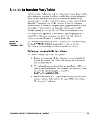 Uso de la función VaryTable
                    Con frecuencia, en el mundo real, las variables de entrada de un modelo
                    sólo varían entre una serie de valores posibles. Por ejemplo, el tamaño
                    de los zapatos de hombre sólo pueden tener valores de tamaño de
                    números enteros o medios entre cinco y quince (a menos que usted sea
                    Shaquille O’Neal y calce un 18). En este caso, la función AutoVary
                    incorporada no es apropiada porque el valor que puede generar puede
                    ser cualquier valor dentro de un rango. Por ejemplo, una función
                    AutoVary puede generar un valor de 7.65 para el tamaño de zapato.
                    Para resolver este aspecto de la modelación, TopRank proporciona la
                    función VaryTable para que pueda especificar una lista o tabla de
                    valores entre los cuales varía la variable de entrada.
Modelo de           Para obtener más información sobre la función VaryTable, abra la hoja
ejemplo:            de cálculo VARYTABLE.XLS. Luego, observe cómo la función
VARYTABLE.XLS
                    VaryTable se puede usar con una tabla o una lista de valores.

                    Definición de una tabla de valores
                    Para definir una tabla de valores en TopRank:
                        1) Busque las ubicaciones de las celdas que contienen la tabla de
                           valores. En nuestra VARYTABLE de ejemplo, las ubicaciones
                           son las celdas B43:B54.
                        2) Vaya a la celda que contiene la función VaryTable —D29—; es
                           decir, RiskVaryTable(valor más probable, ubicación de la tabla)
                           en Excel. En nuestro ejemplo, la función es
                           RiskVaryTable(480,B43:B54).
                        3) Durante un análisis Y si..., TopRank recalcula la hoja de cálculo
                           usando cada uno de los valores del rango B43:B54: un total de
                           12 valores y 12 recálculos.




Capítulo 4: Técnicas de modelación de TopRank                                                  65
 