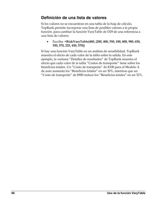 Definición de una lista de valores
     Si los valores no se encuentran en una tabla de la hoja de cálculo,
     TopRank permite incorporar una lista de posibles valores a la propia
     función. para cambiar la función VaryTable de D29 de una referencia a
     una lista de valores:
         •   Escriba: =RiskVaryTable(480, {200, 400, 550, 100, 800, 900, 650,
             350, 570, 225, 450, 570})
     Si hay una función VaryTable en un análisis de sensibilidad, TopRank
     muestra el efecto de cada valor de la tabla sobre la salida. En este
     ejemplo, la ventana “Detalles de resultados” de TopRank muestra el
     efecto que cada valor de la tabla “Costos de transporte” tiene sobre los
     beneficios totales. Un “Costo de transporte” de $100 para el Modelo A
     de auto aumenta los “Beneficios totales” en un 30%, mientras que un
     “Costo de transporte” de $900 reduce los “Beneficios totales” en un 32%.




66                                                  Uso de la función VaryTable
 