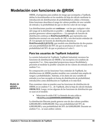 Modelación con funciones de @RISK
                    @RISK, el programa para análisis de riesgo que acompaña a TopRank,
                    define la incertidumbre en los modelos de hoja de cálculo mediante la
                    introducción de distribuciones de probabilidad en celdas y fórmulas.
                    Estas funciones describen el rango de valores posibles de una variable
                    de entrada y la probabilidad de que se den los valor de ese rango.
                    Las distribuciones pueden ser continuas —en las que cualquier valor
                    del rango de la distribución es posible— o discretas —en las que sólo
                    pueden generarse valores específicos—. Un ejemplo de función de
                    distribución continua es RiskNormal(100,25), que representa una
                    distribución normal con una media de 100 y una desviación estándar de
                    25. Un ejemplo de función de distribución discreta es
                    RiskDiscrete({0,1},{0.5,0.5}), que modela una distribución de dos puntos
                    con una probabilidad del 50% de que se produzca el valor 0 y una
                    probabilidad del 50% de que se produzca el valor 1.

                    Para los usuarios de TopRank Industrial
                    La versión Industrial de TopRank, TopRank Industrial, reconoce las
                    funciones de distribución de @RISK y las incorpora a los análisis de
                    suposición Y si... Esta capacidad proporciona mayor flexibilidad y
                    precisión al modelar la posible variación de los valores de entrada en los
                    análisis Y si...
                    En comparación con las funciones Vary estándar de TopRank, las
                    distribuciones de @RISK pueden modelar una variedad más amplia de
                    rangos y probabilidades. Además, si los datos de una variable de
                    entrada ya se han recogido en forma de distribución de probabilidad,
                    introducirlos como distribución en TopRank es lo más fácil.
Modelo de           Para examinar cómo se pueden usar las funciones de distribución de
ejemplo:            @RISK en un análisis Y si... de TopRank, abra la hoja de cálculo titulada
@RISK.XLS
                    @RISK.XLS. Luego, revise algunas de las funciones de distribución que
                    se usan en el modelo:
                        •   Seleccione la celda C42. La fórmula de esta celda es
                            =RiskDiscrete({6000000000,8000000000},{0.7,0.3})
                    La distribución Discrete puede generar uno de dos valores posibles:
                    6,000,000,000 ó 8,000,000,000. Hay una probabilidad del 70% de
                    6,000,000,000 y una probabilidad del 30% de 8,000,000,000. Durante un
                    análisis Y si... se usan ambos valores.




Capítulo 4: Técnicas de modelación de TopRank                                                   69
 