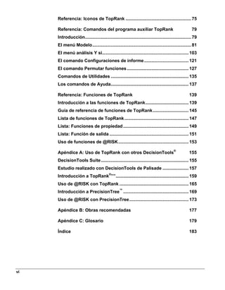 Referencia: Iconos de TopRank ..................................................... 75

     Referencia: Comandos del programa auxiliar TopRank                                               79
     Introducción...................................................................................... 79
     El menú Modelo................................................................................ 81
     El menú análisis Y si...................................................................... 103
     El comando Configuraciones de informe .................................... 121
     El comando Permutar funciones .................................................. 127
     Comandos de Utilidades ............................................................... 135
     Los comandos de Ayuda............................................................... 137

     Referencia: Funciones de TopRank                                                               139
     Introducción a las funciones de TopRank................................... 139
     Guía de referencia de funciones de TopRank............................. 145
     Lista de funciones de TopRank .................................................... 147
     Lista: Funciones de propiedad ..................................................... 149
     Lista: Función de salida ................................................................ 151
     Uso de funciones de @RISK ......................................................... 153

     Apéndice A: Uso de TopRank con otros DecisionTools®                                            155
     DecisionTools Suite ....................................................................... 155
     Estudio realizado con DecisionTools de Palisade ..................... 157
     Introducción a TopRank®””........................................................... 159
     Uso de @RISK con TopRank ........................................................ 165
     Introducción a PrecisionTree™ ..................................................... 169
     Uso de @RISK con PrecisionTree................................................ 173

     Apéndice B: Obras recomendadas                                                                 177

     Apéndice C: Glosario                                                                           179

     Índice                                                                                         183




vi
 