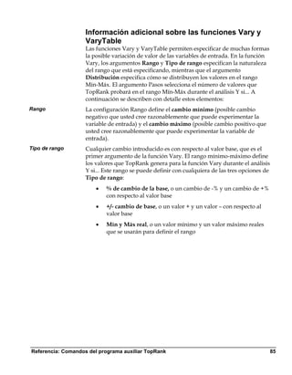 Información adicional sobre las funciones Vary y
                    VaryTable
                    Las funciones Vary y VaryTable permiten especificar de muchas formas
                    la posible variación de valor de las variables de entrada. En la función
                    Vary, los argumentos Rango y Tipo de rango especifican la naturaleza
                    del rango que está especificando, mientras que el argumento
                    Distribución especifica cómo se distribuyen los valores en el rango
                    Mín-Máx. El argumento Pasos selecciona el número de valores que
                    TopRank probará en el rango Mín-Máx durante el análisis Y si... A
                    continuación se describen con detalle estos elementos:
Rango               La configuración Rango define el cambio mínimo (posible cambio
                    negativo que usted cree razonablemente que puede experimentar la
                    variable de entrada) y el cambio máximo (posible cambio positivo que
                    usted cree razonablemente que puede experimentar la variable de
                    entrada).
Tipo de rango       Cualquier cambio introducido es con respecto al valor base, que es el
                    primer argumento de la función Vary. El rango mínimo-máximo define
                    los valores que TopRank genera para la función Vary durante el análisis
                    Y si... Este rango se puede definir con cualquiera de las tres opciones de
                    Tipo de rango:
                        •   % de cambio de la base, o un cambio de -% y un cambio de +%
                            con respecto al valor base
                        •   +/- cambio de base, o un valor + y un valor – con respecto al
                            valor base
                        •   Mín y Máx real, o un valor mínimo y un valor máximo reales
                            que se usarán para definir el rango




Referencia: Comandos del programa auxiliar TopRank                                               85
 