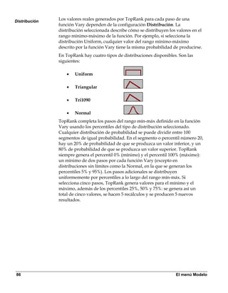 Distribución
               Los valores reales generados por TopRank para cada paso de una
               función Vary dependen de la configuración Distribución. La
               distribución seleccionada describe cómo se distribuyen los valores en el
               rango mínimo-máximo de la función. Por ejemplo, si selecciona la
               distribución Uniform, cualquier valor del rango mínimo-máximo
               descrito por la función Vary tiene la misma probabilidad de producirse.
               En TopRank hay cuatro tipos de distribuciones disponibles. Son las
               siguientes:

                   •   Uniform

                   •   Triangular

                   •   Tri1090

                   •   Normal
               TopRank completa los pasos del rango mín-máx definido en la función
               Vary usando los percentiles del tipo de distribución seleccionado.
               Cualquier distribución de probabilidad se puede dividir entre 100
               segmentos de igual probabilidad. En el segmento o percentil número 20,
               hay un 20% de probabilidad de que se produzca un valor inferior, y un
               80% de probabilidad de que se produzca un valor superior. TopRank
               siempre genera el percentil 0% (mínimo) y el percentil 100% (máximo):
               un mínimo de dos pasos por cada función Vary (excepto en
               distribuciones sin límites como la Normal, en la que se generan los
               percentiles 5% y 95%). Los pasos adicionales se distribuyen
               uniformemente por percentiles a lo largo del rango mín-máx. Si
               selecciona cinco pasos, TopRank genera valores para el mínimo y el
               máximo, además de los percentiles 25%, 50% y 75%: se genera así un
               total de cinco valores, se hacen 5 recálculos y se producen 5 nuevos
               resultados.




86                                                                       El menú Modelo
 