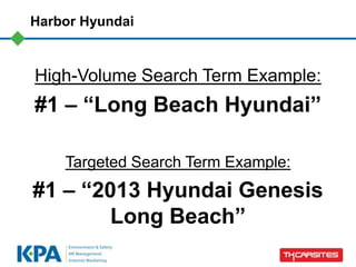 Harbor Hyundai



High-Volume Search Term Example:
#1 – “Long Beach Hyundai”

    Targeted Search Term Example:
#1 – “2013 Hyundai Genesis
        Long Beach”
 