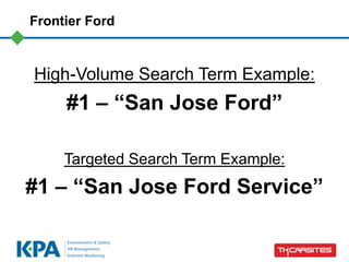 Frontier Ford



High-Volume Search Term Example:
     #1 – “San Jose Ford”

     Targeted Search Term Example:
#1 – “San Jose Ford Service”
 