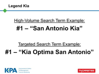 Legend Kia


   High-Volume Search Term Example:
    #1 – “San Antonio Kia”

     Targeted Search Term Example:
#1 – “Kia Optima San Antonio”
 
