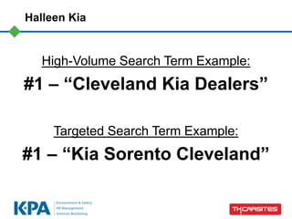 Halleen Kia


   High-Volume Search Term Example:
#1 – “Cleveland Kia Dealers”

     Targeted Search Term Example:
#1 – “Kia Sorento Cleveland”
 