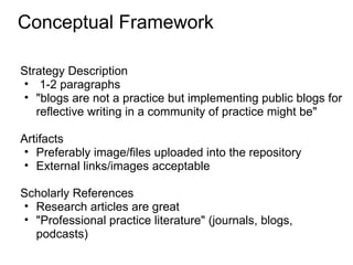 Conceptual Framework

Strategy Description
• 1-2 paragraphs
• "blogs are not a practice but implementing public blogs for
   reflective writing in a community of practice might be"

A
Artifacts
 • Preferably image/files uploaded into the repository
 • External links/images acceptable

Scholarly References
• Research articles are great
• "Professional practice literature" (journals, blogs,
  podcasts)
 