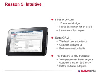 Reason 5: Intuitive


                      salesforce.com
                      − 10 year old design
                      − Focus on chatter not on sales
                      − Unnecessarily complex


                      SugarCRM
                       The best user experience
                       Common web 2.0 UI
                       End users customization


                      This matters to you because
                       Your people can focus on your
                        customers, not on data entry
                       Better end user adoption
 