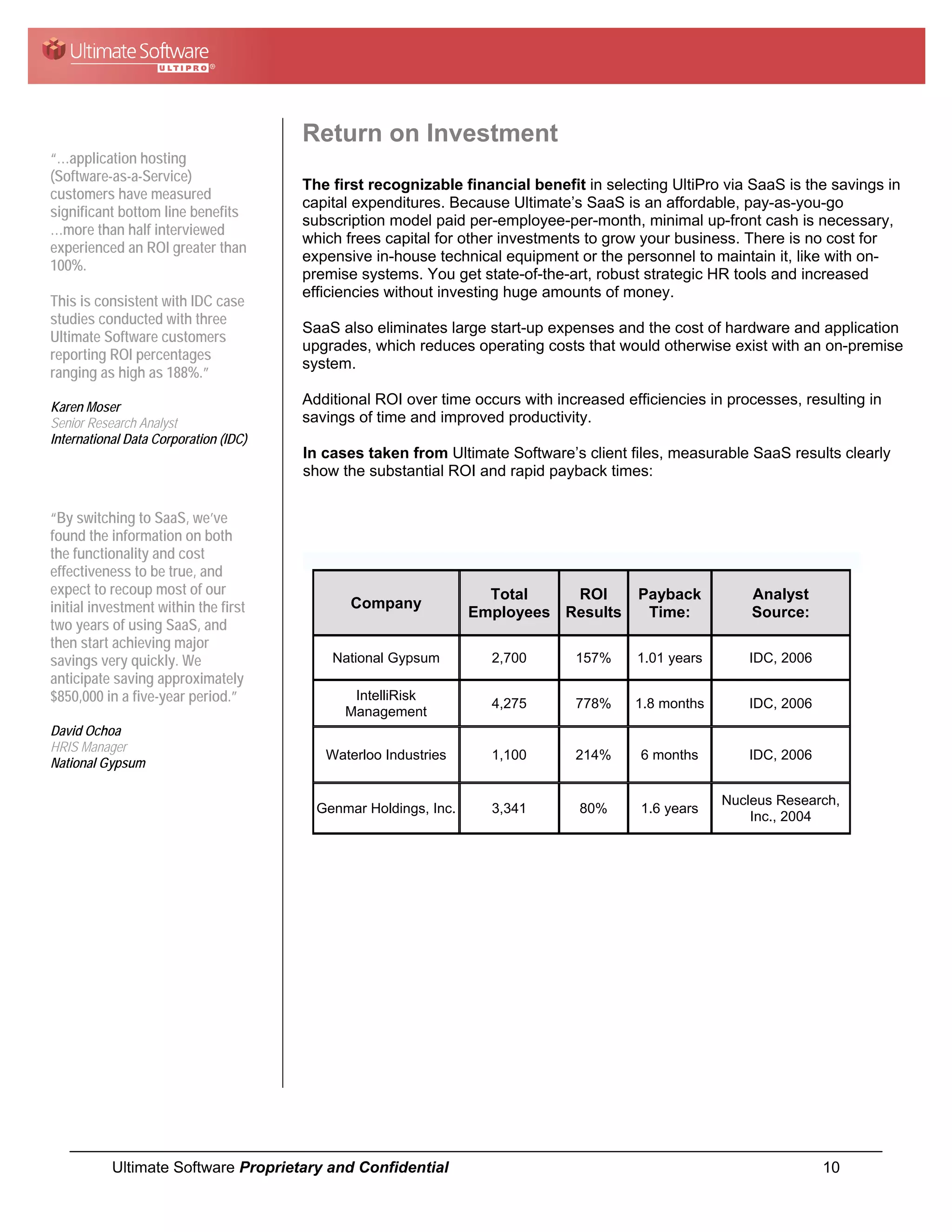 Return on Investment
“…application hosting
(Software-as-a-Service)
                                       The first recognizable financial benefit in selecting UltiPro via SaaS is the savings in
customers have measured
                                       capital expenditures. Because Ultimate’s SaaS is an affordable, pay-as-you-go
significant bottom line benefits
                                       subscription model paid per-employee-per-month, minimal up-front cash is necessary,
…more than half interviewed
                                       which frees capital for other investments to grow your business. There is no cost for
experienced an ROI greater than
                                       expensive in-house technical equipment or the personnel to maintain it, like with on-
100%.
                                       premise systems. You get state-of-the-art, robust strategic HR tools and increased
                                       efficiencies without investing huge amounts of money.
This is consistent with IDC case
studies conducted with three
                                       SaaS also eliminates large start-up expenses and the cost of hardware and application
Ultimate Software customers
                                       upgrades, which reduces operating costs that would otherwise exist with an on-premise
reporting ROI percentages
                                       system.
ranging as high as 188%.”

Karen Moser
                                       Additional ROI over time occurs with increased efficiencies in processes, resulting in
Senior Research Analyst                savings of time and improved productivity.
International Data Corporation (IDC)
                                       In cases taken from Ultimate Software’s client files, measurable SaaS results clearly
                                       show the substantial ROI and rapid payback times:


“By switching to SaaS, we’ve
found the information on both
the functionality and cost
effectiveness to be true, and
expect to recoup most of our                                       Total    ROI         Payback          Analyst
initial investment within the first           Company
                                                                 Employees Results       Time:           Source:
two years of using SaaS, and
then start achieving major
savings very quickly. We                   National Gypsum         2,700       157%     1.01 years       IDC, 2006
anticipate saving approximately
$850,000 in a five-year period.”              IntelliRisk
                                                                   4,275       778%     1.8 months       IDC, 2006
                                             Management
David Ochoa
HRIS Manager
                                          Waterloo Industries      1,100       214%      6 months        IDC, 2006
National Gypsum

                                                                                                     Nucleus Research,
                                         Genmar Holdings, Inc.     3,341        80%      1.6 years
                                                                                                         Inc., 2004




           Ultimate Software Proprietary and Confidential                                                            10
 