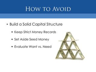 • Build a Solid Capital Structure

   Keep Strict Money Records

   Set Aside Seed Money

   Evaluate Want vs. Need
 