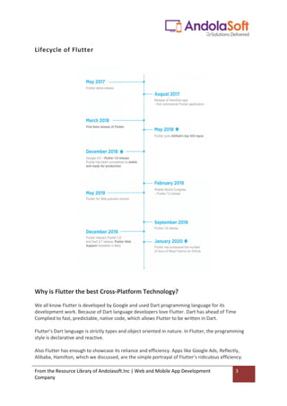From the Resource Library of Andolasoft.Inc | Web and Mobile App Development
Company
3
Lifecycle of Flutter
Why is Flutter the best Cross-Platform Technology?
We all know Flutter is developed by Google and used Dart programming language for its
development work. Because of Dart language developers love Flutter. Dart has ahead of Time
Complied to fast, predictable, native code, which allows Flutter to be written in Dart.
Flutter’s Dart language is strictly types and object oriented in nature. In Flutter, the programming
style is declarative and reactive.
Also Flutter has enough to showcase its reliance and efficiency. Apps like Google Ads, Reflectly,
Alibaba, Hamilton, which we discussed, are the simple portrayal of Flutter’s ridiculous efficiency.
 