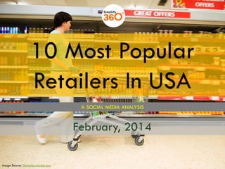 10 Most Popular
Retailers In USA
A SOCIAL MEDIA ANALYSIS

February, 2014
Image Source: Globalpressclub.com

 