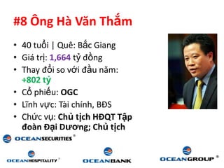 #8 Ông Hà Văn Thắm
• 40 tuổi | Quê: Bắc Giang
• Giá trị: 1,664 tỷ đồng
• Thay đổi so với đầu năm:
  +802 tỷ
• Cổ phiếu: OGC
• Lĩnh vực: Tài chính, BĐS
• Chức vụ: Chủ tịch HĐQT Tập
  đoàn Đại Dương; Chủ tịch
  Ocean Bank…
 