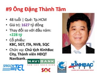 #9 Ông Đặng Thành Tâm
• 48 tuổi | Quê: Tp.HCM
• Giá trị: 1627 tỷ đồng
• Thay đổi so với đầu năm:
  +228 tỷ
• Cổ phiếu:
  KBC, SGT, ITA, NVB, SQC
• Chức vụ: Chủ tịch KinhBac
  City, Thành viên HĐQT
  Navibank…
 